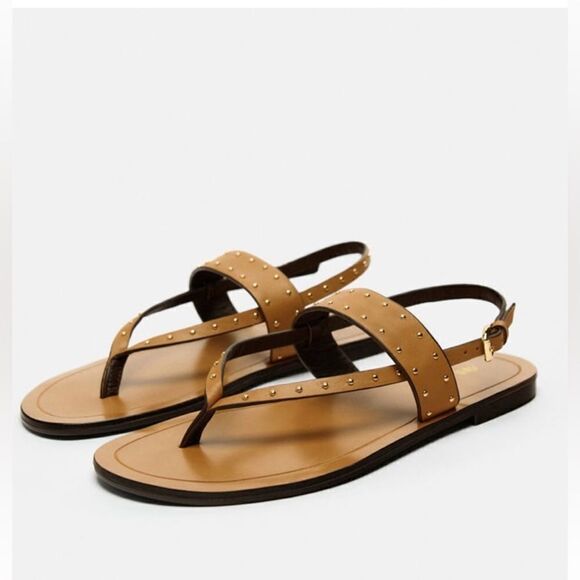 Zara Studded Brown Nude Leather Minimalist Flat Sandals Shoes Size 10 - Picture 1 of 10